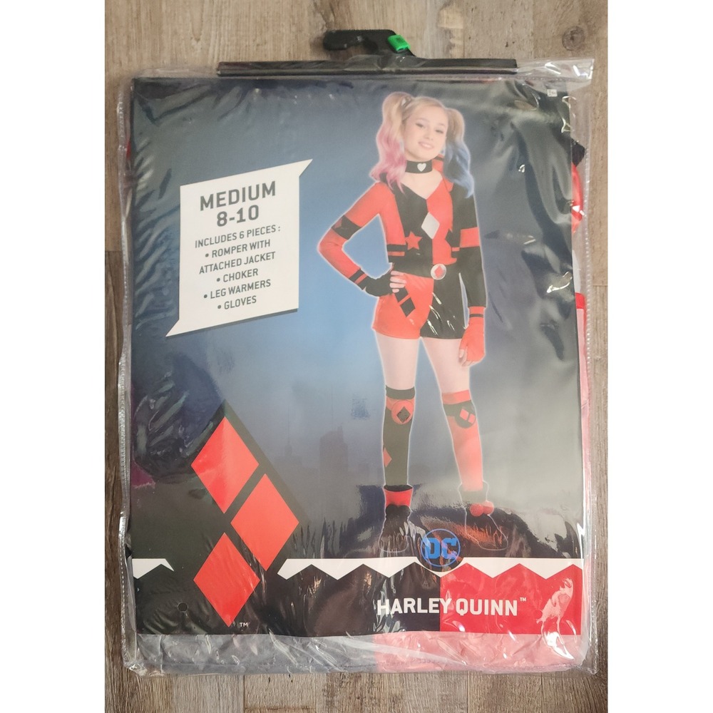 DC Comics Harley Quinn Costume Kids Size 8-10 Red Black 6 Piece Set Romper